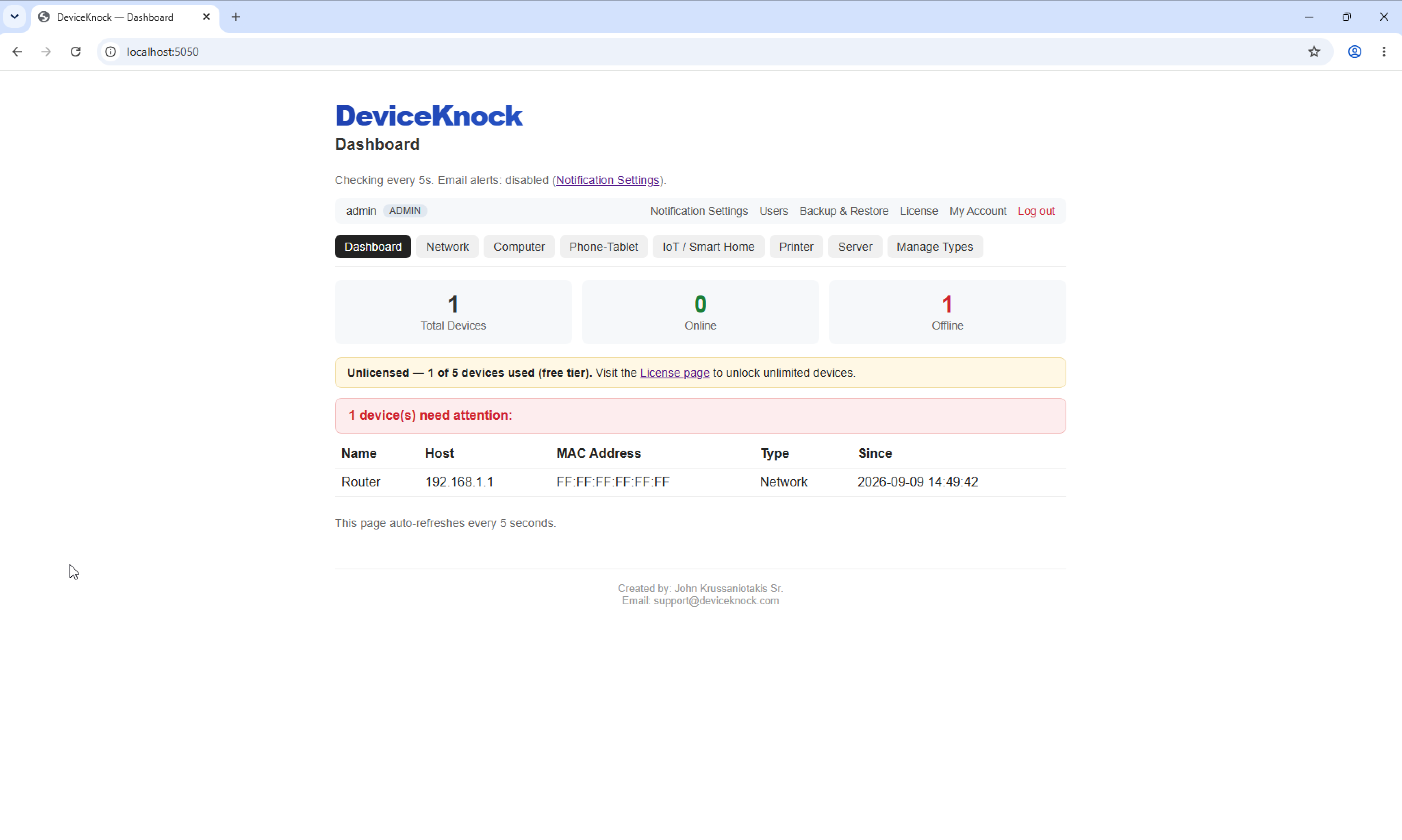 DeviceKnock Dashboard screen